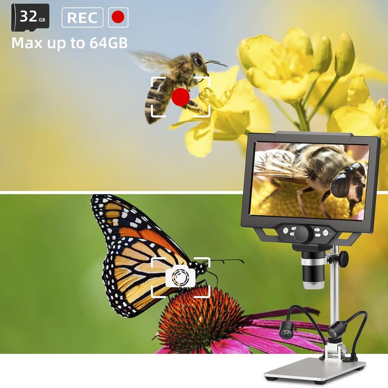 Koolertron 9-inch LCD Digital Microscope - 12MP 1600x 1080P HD, 32G TF Card & 5000mAh Battery, 10-inch Stand & Side Light for Plant/Rock/Circuit Board/Coin Detection and Analysis - Image 4